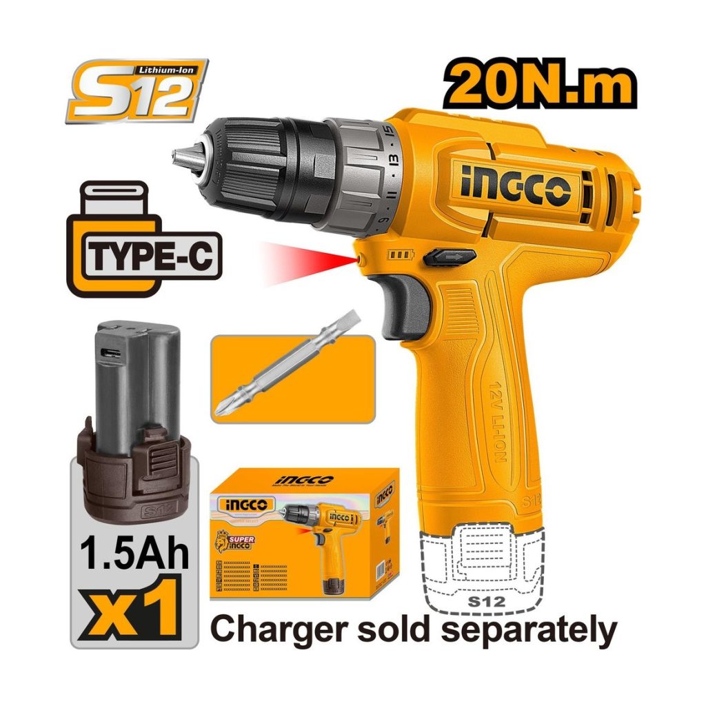 INGCO Cordless Drill 12V with 1.5Ah Battery (Charger Sold Separately)